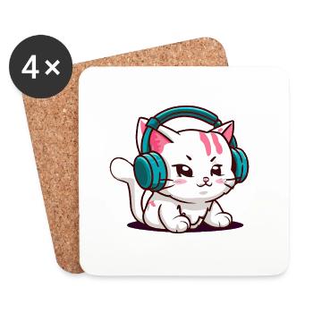 Cute cat wearing Headphones - Coasters (set of 4) - white - Front