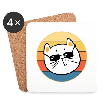 Drôle mignon Kawaii chat visage rétro coucher de soleil - Dessous de verre (lot de 4) - blanc - Devant