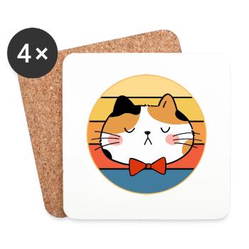 Drôle mignon Kawaii chat visage rétro coucher de soleil - Dessous de verre (lot de 4) - blanc - Devant