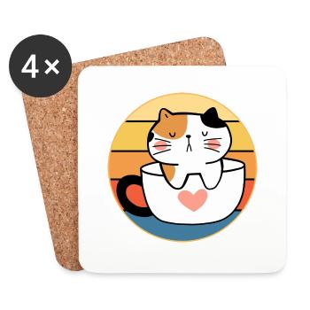 Funny Cute Kawaii Cat Face Retro Sunset - Coasters (set of 4) - white - Front