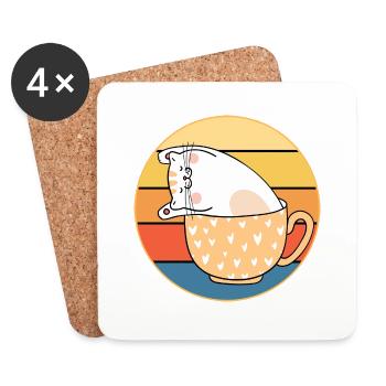 Drôle mignon Kawaii chat visage rétro coucher de soleil - Dessous de verre (lot de 4) - blanc - Devant