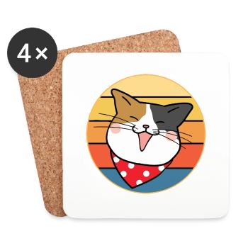 Drôle mignon Kawaii chat visage rétro coucher de soleil - Dessous de verre (lot de 4) - blanc - Devant