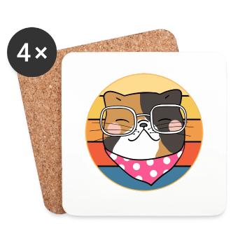 Drôle mignon Kawaii chat visage rétro coucher de soleil - Dessous de verre (lot de 4) - blanc - Devant
