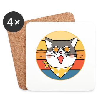 Drôle mignon Kawaii chat visage rétro coucher de soleil - Dessous de verre (lot de 4) - blanc - Devant