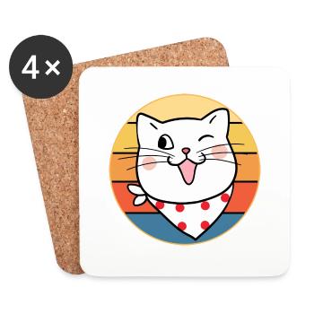 Drôle mignon Kawaii chat visage rétro coucher de soleil - Dessous de verre (lot de 4) - blanc - Devant