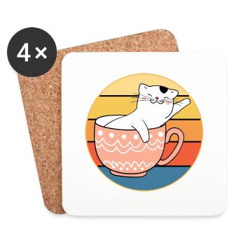 Drôle mignon Kawaii Cat Face Rétro Coucher de soleil - Dessous de verre (lot de 4) - blanc - Devant