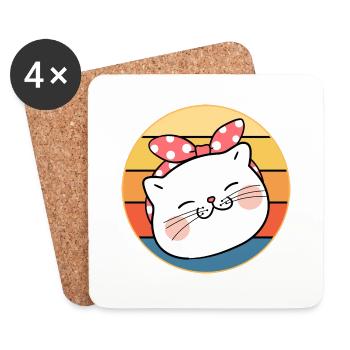 Funny Cute Kawaii Cat Face Retro Sunset - Coasters (set of 4) - white - Front