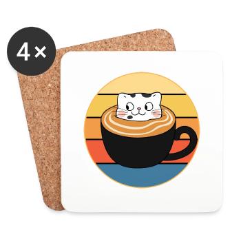 Funny Cute Kawaii Cat Face Retro Sunset - Coasters (set of 4) - white - Front