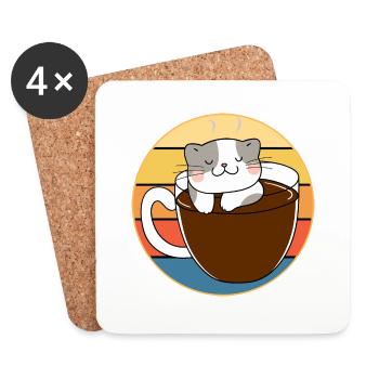 Drôle mignon Kawaii Cat Face Rétro Coucher de soleil - Dessous de verre (lot de 4) - blanc - Devant