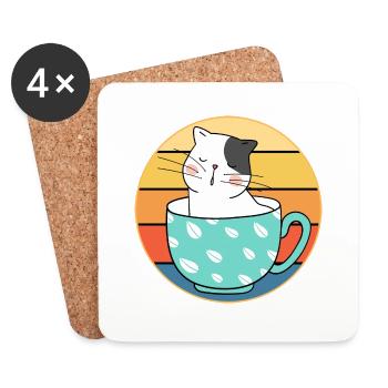 Funny Cute Kawaii Cat Face Retro Sunset - Coasters (set of 4) - white - Front