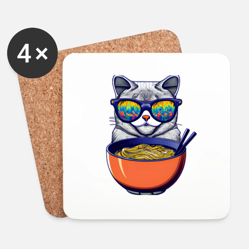 Süße Katze mit Sonnenbrille genießt Ramen Nudeln - Untersetzer (4er-Set) - Weiß