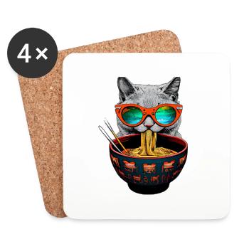 Un chat mignon avec des lunettes de soleil apprécie le design ramen - Dessous de verre (lot de 4) - blanc - Devant