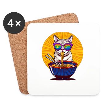 Un chat mignon avec des lunettes de soleil apprécie le design ramen - Dessous de verre (lot de 4) - blanc - Devant