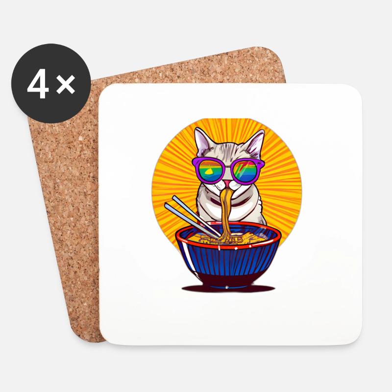 Süße Katze mit Sonnenbrille genießt Ramen Design - Untersetzer (4er-Set) - Weiß