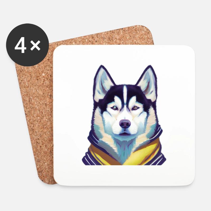 Husky mit gelbem Schal - Untersetzer (4er-Set) - Weiß