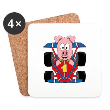 SCHWEIN - AUTO - RENNWAGEN - AUTORENNEN - TIER - Untersetzer (4er-Set) - Weiß - Vorne