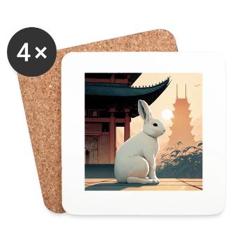rabbit in front of an Asian temple - Coasters (set of 4) - white - Front