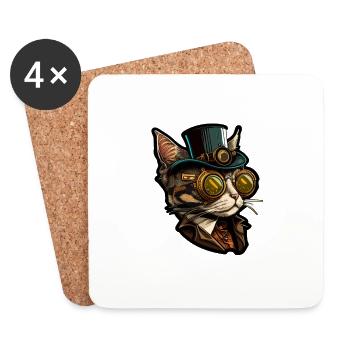 Chat Steampunk avec chapeau et lunettes - Dessous de verre (lot de 4) - blanc - Devant