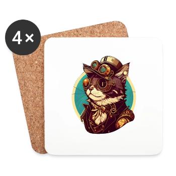 Chat Steampunk avec chapeau et lunettes - Dessous de verre (lot de 4) - blanc - Devant