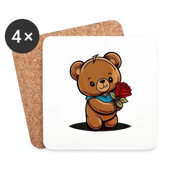 Cute Plush Bear with Rose - Valentine's Day - Coasters (set of 4) - white - Front