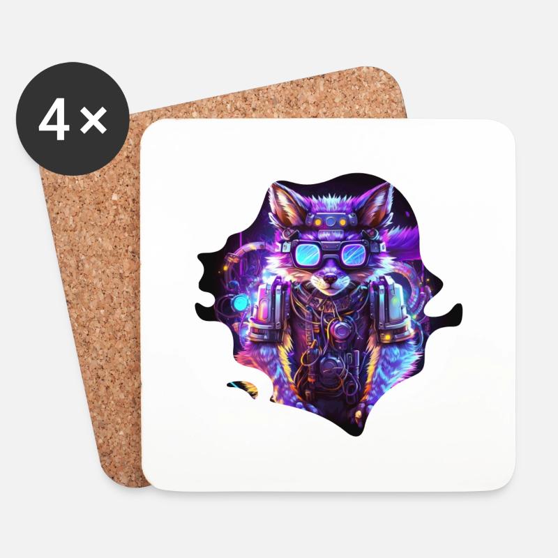 Mecha Wolf mit Neonlicht und Brille - Untersetzer (4er-Set) - Weiß