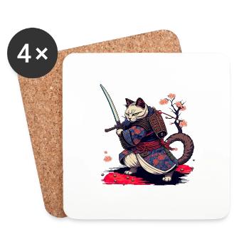 chat samouraï - Dessous de verre (lot de 4) - blanc - Devant