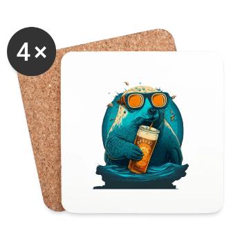 Sceau glacière avec bière et lunettes de soleil - Dessous de verre (lot de 4) - blanc - Devant