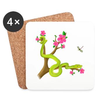 The Green Python snake on the tree with flowers - Coasters (set of 4) - white - Front