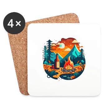 Camping extérieur avec feu de camp et bière - Dessous de verre (lot de 4) - blanc - Devant