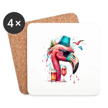 Flamant rose à la bière avec chapeau de fête - Dessous de verre (lot de 4) - blanc - Devant