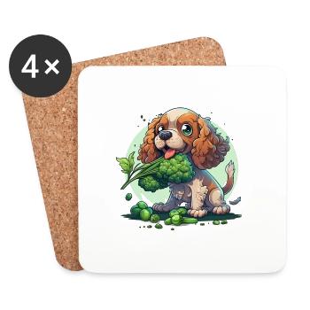 Le chien mignon Cocker Spaniel mange des légumes au brocoli - Dessous de verre (lot de 4) - blanc - Devant