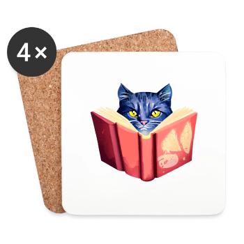 Katze Bücher Lesen Hauskatze Kater Buch Kätzchen - Untersetzer (4er-Set) - Weiß - Vorne