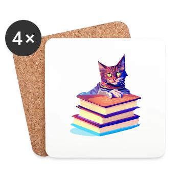 Katze Lesen Hauskatze Bücher Kater Buch Kätzchen - Untersetzer (4er-Set) - Weiß - Vorne