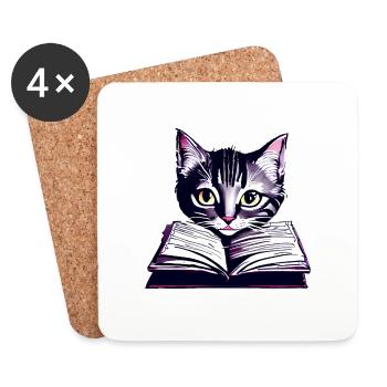 Books Cat Reading Domestic Cat Cat Book Kitten - Coasters (set of 4) - white - Front