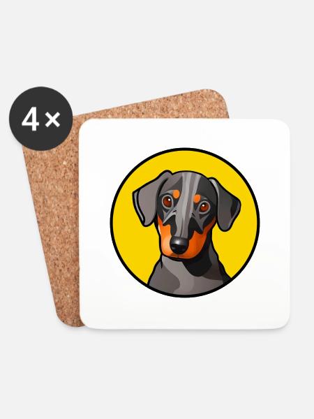 Dachshund design graphic motif in yellow circle - Coasters (set of 4) - white