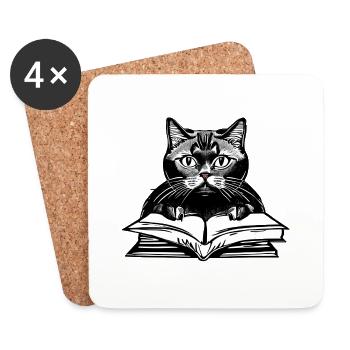 Katze Bücher Kätzchen Kater Buch Lesen Hauskatze - Untersetzer (4er-Set) - Weiß - Vorne