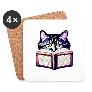 Katze Buch Lesen Hauskatze Bücher Kätzchen Kater - Untersetzer (4er-Set) - Weiß - Vorne