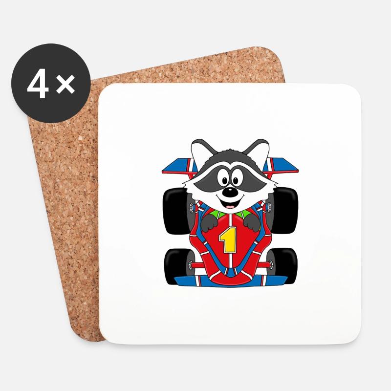 WASCHBÄR - RENNFAHRER - AUTO - RENNAUTO - TIER - Untersetzer (4er-Set) - Weiß