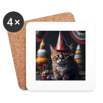 Chat avec chapeau d’anniversaire - Dessous de verre (lot de 4) - blanc - Devant