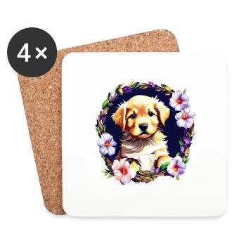 Dog Golden Retriever Puppy Animal Lover Flowers - Coasters (set of 4) - white - Front