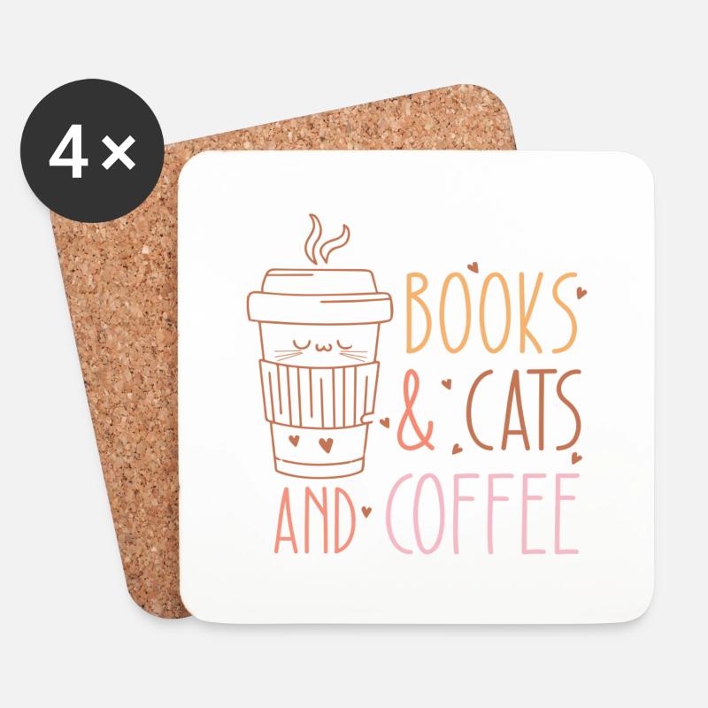 Books & Cats and Coffee - Untersetzer (4er-Set) - Weiß