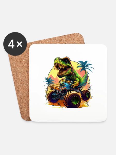 T Rex fährt Monster Truck - Untersetzer (4er-Set) - Weiß