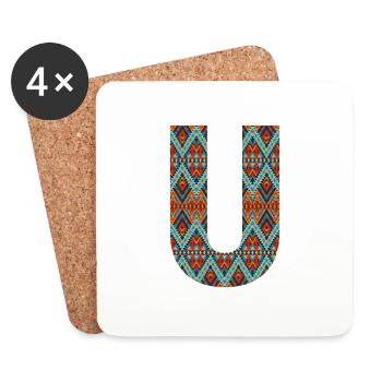 Lettre U- boho design, Monogramme coloré - Dessous de verre (lot de 4) - blanc - Devant
