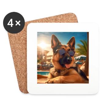 German Shepherd with sunglasses on vacation by the pool - Coasters (set of 4) - white - Front