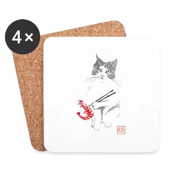 Katze und Garnelen - Untersetzer (4er-Set) - Weiß - Vorne