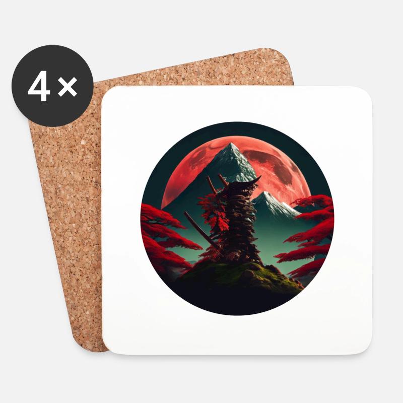 Samurai japanischer Baum vor Berg mit rotem Mond - Untersetzer (4er-Set) - Weiß