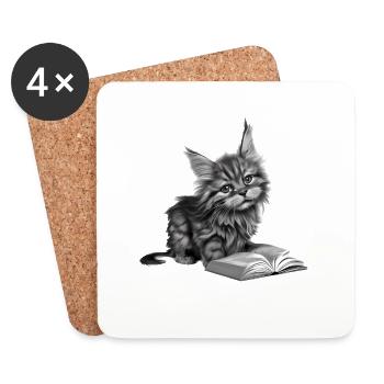 Livres pour chats Livre gueule de bois Chaton Lecture Maine Coon - Dessous de verre (lot de 4) - blanc - Devant