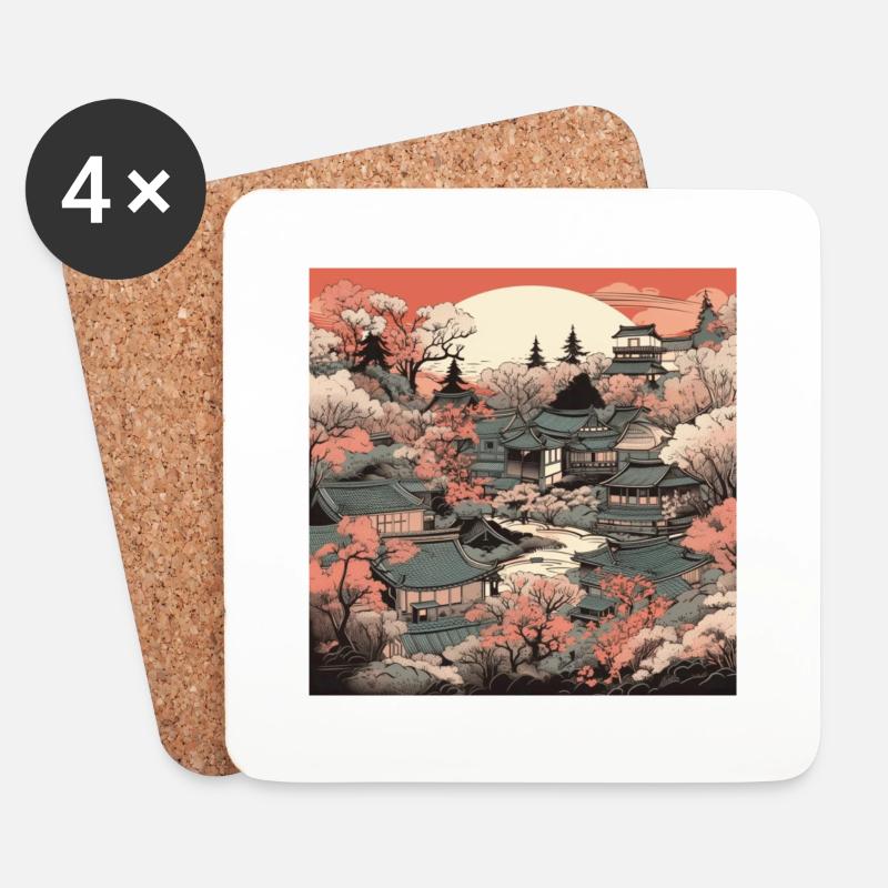 Verträumtes Japan: Vintage-Landschaftsmalerei - Untersetzer (4er-Set) - Weiß