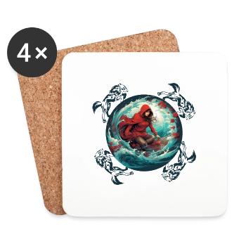 Little Red Riding Hood surfing on surfboard, wolf on wave - Coasters (set of 4) - white - Front