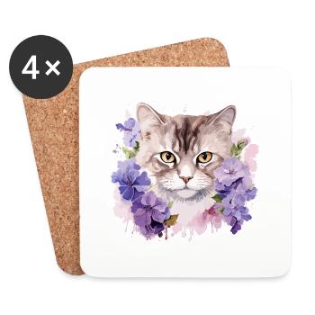 Chat avec des fleurs - Dessous de verre (lot de 4) - blanc - Devant